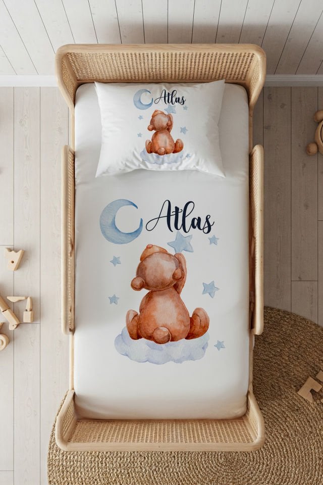 %100 Pamuk Saten İsme Özel 100x200 Tek Kişilik Lastikli Çarşaf Seti Ayıcık