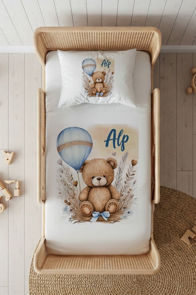 %100 Pamuk Saten İsme Özel 100x200 Tek Kişilik Lastikli Çarşaf Seti Mavi Balonlu Ayıcık