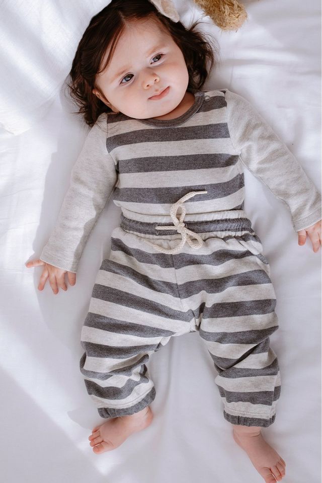 %100 Organik Pamuk 2li Çizgili Bebek Takım 6-9 - Gri