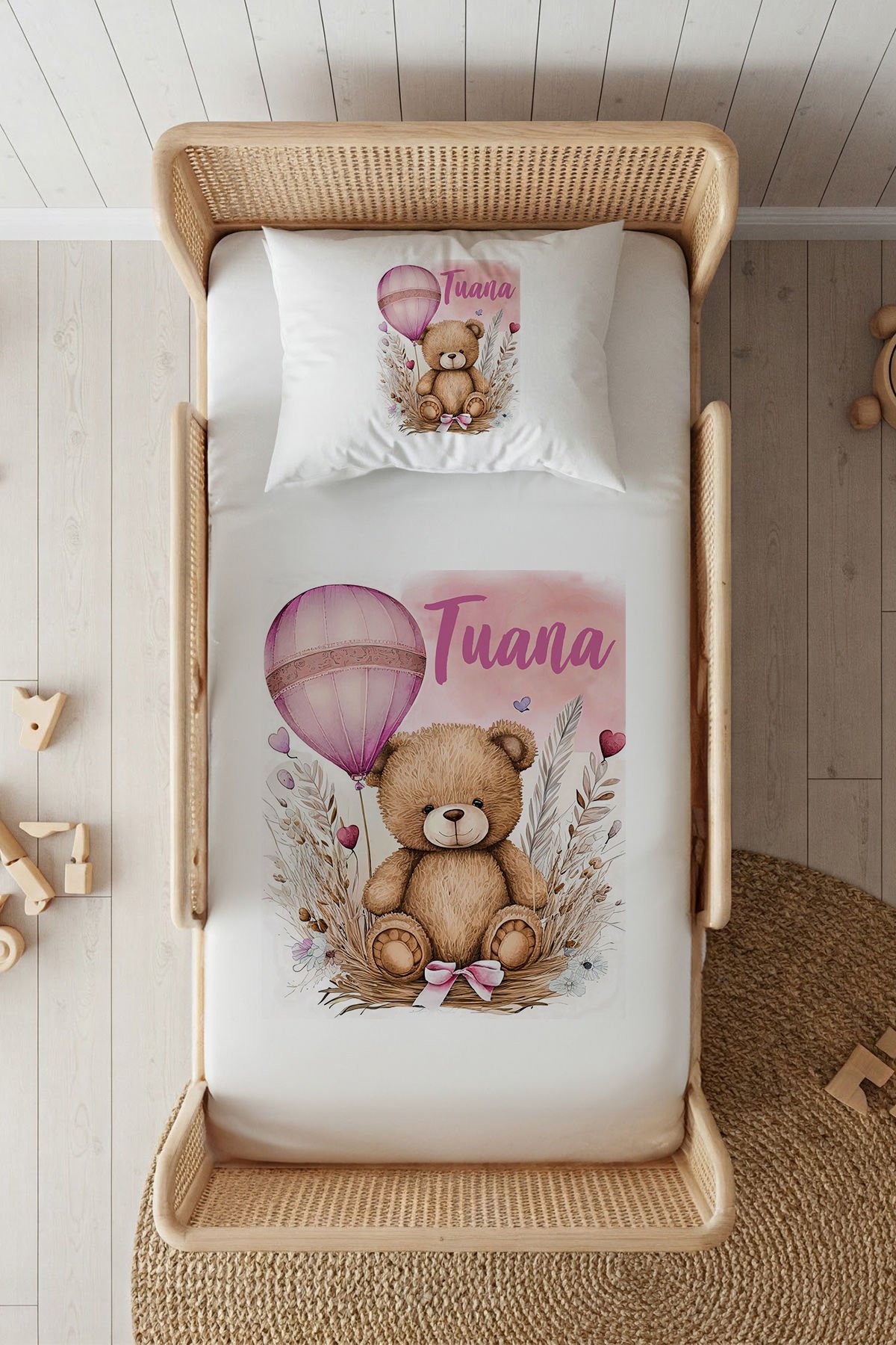 %100 Pamuk Saten İsme Özel 100x200 Tek Kişilik Lastikli Çarşaf Seti Pembe Balonlu Ayıcık