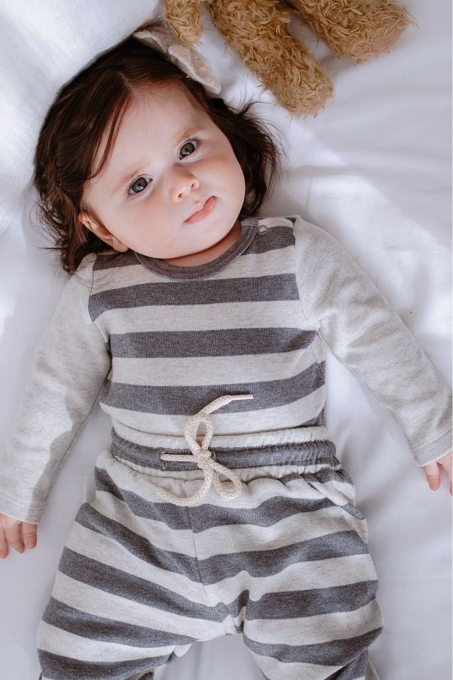 %100 Organik Pamuk 2li Çizgili Bebek Takım 1 Yaş - Gri