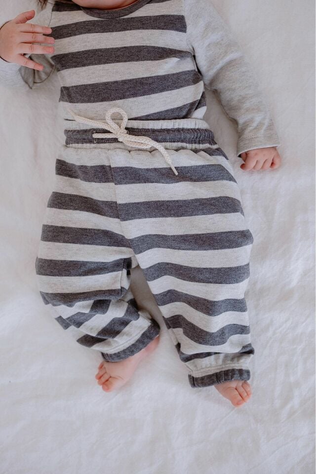 %100 Organik Pamuk 2li Çizgili Bebek Takım 1 Yaş - Gri