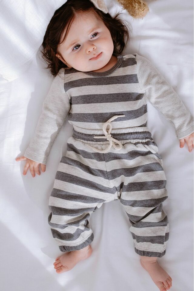 %100 Organik Pamuk 2li Çizgili Bebek Takım 1 Yaş - Gri