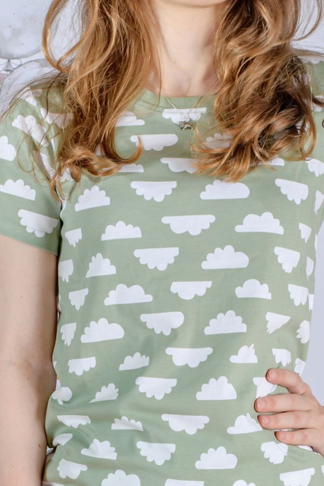 %100 Organik Pamuklu Bulut Desen Penye Gecelik Yeşil - S