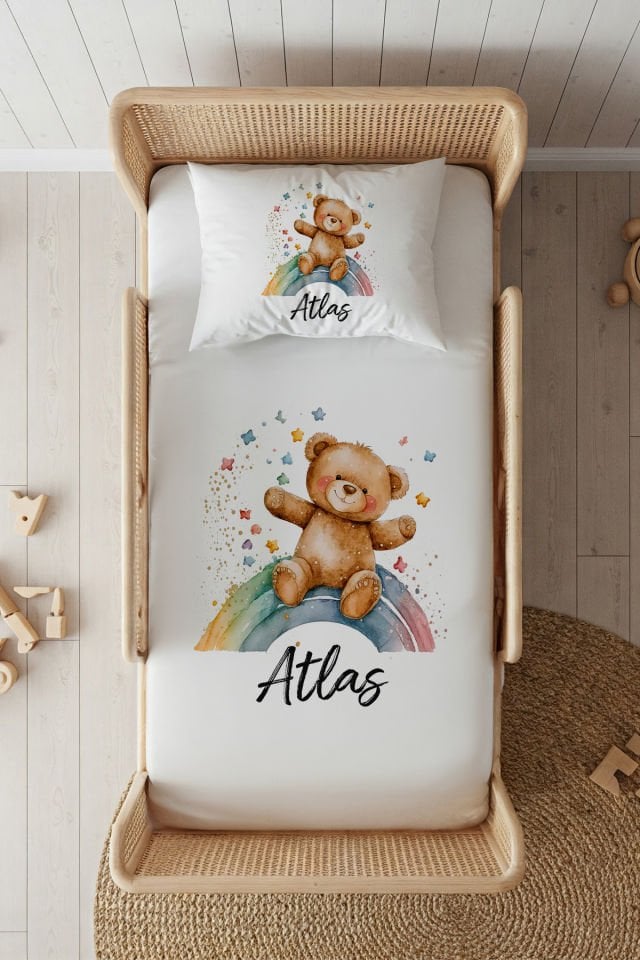 %100 Pamuk Saten İsme Özel 100x200 Tek Kişilik Lastikli Çarşaf Seti Ayıcık