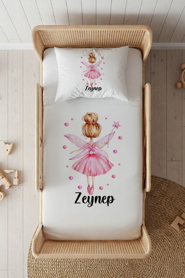 %100 Pamuk Saten İsme Özel 100x200 Tek Kişilik Lastikli Çarşaf Seti Pembe Peri