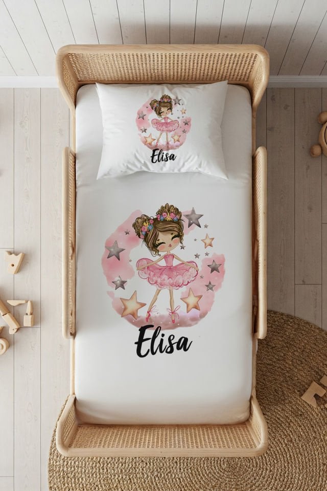 %100 Pamuk Saten İsme Özel 100x200 Tek Kişilik Lastikli Çarşaf Seti Balerin