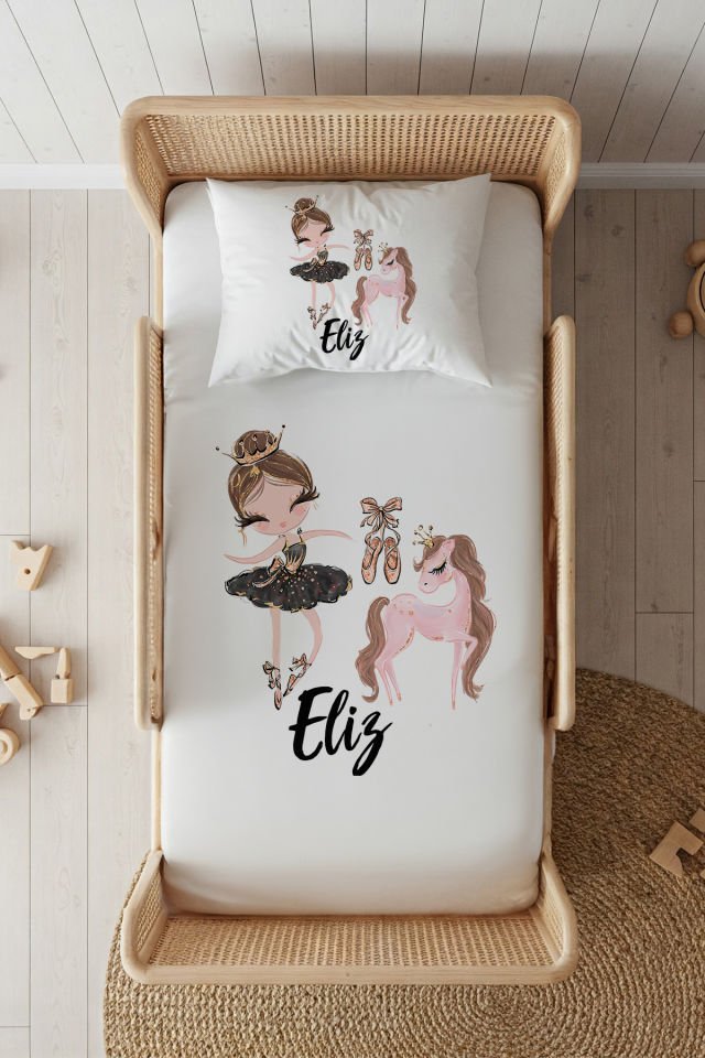 %100 Pamuk Saten İsme Özel 100x200 Tek Kişilik Lastikli Çarşaf Seti Balerin ve Unicorn