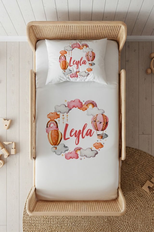 %100 Pamuk Saten İsme Özel 100x200 Tek Kişilik Lastikli Çarşaf Seti Pembe Zeplin