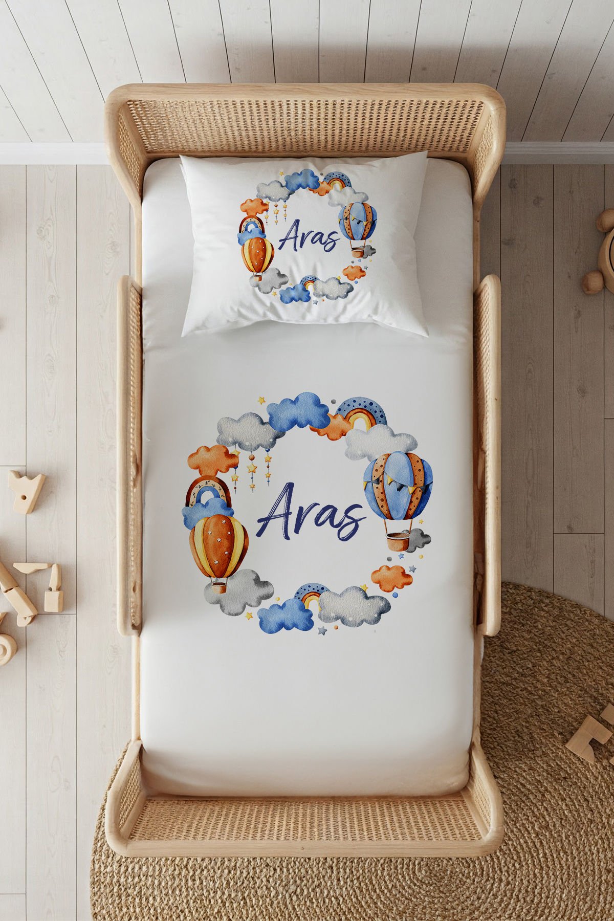 %100 Pamuk Saten İsme Özel 100x200 Tek Kişilik Lastikli Çarşaf Seti Mavi Zeplin