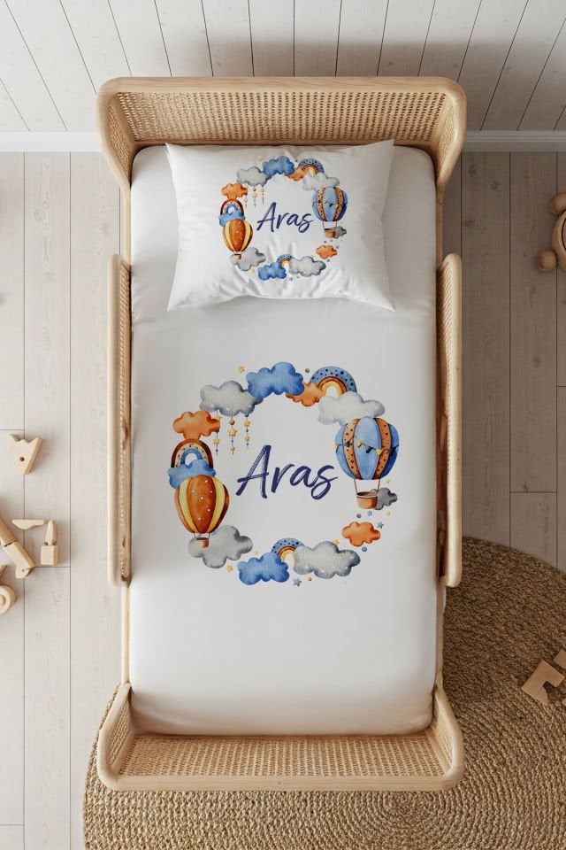 %100 Pamuk Saten İsme Özel 100x200 Tek Kişilik Lastikli Çarşaf Seti Mavi Zeplin