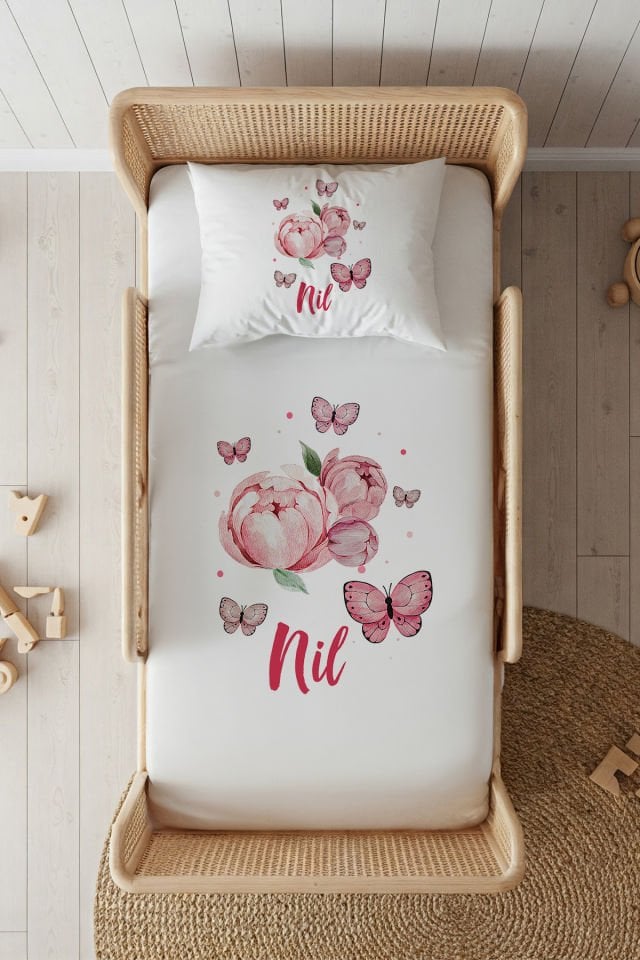 %100 Pamuk Saten İsme Özel 100x200 Tek Kişilik Lastikli Çarşaf Seti Tomurcuk Çiçek