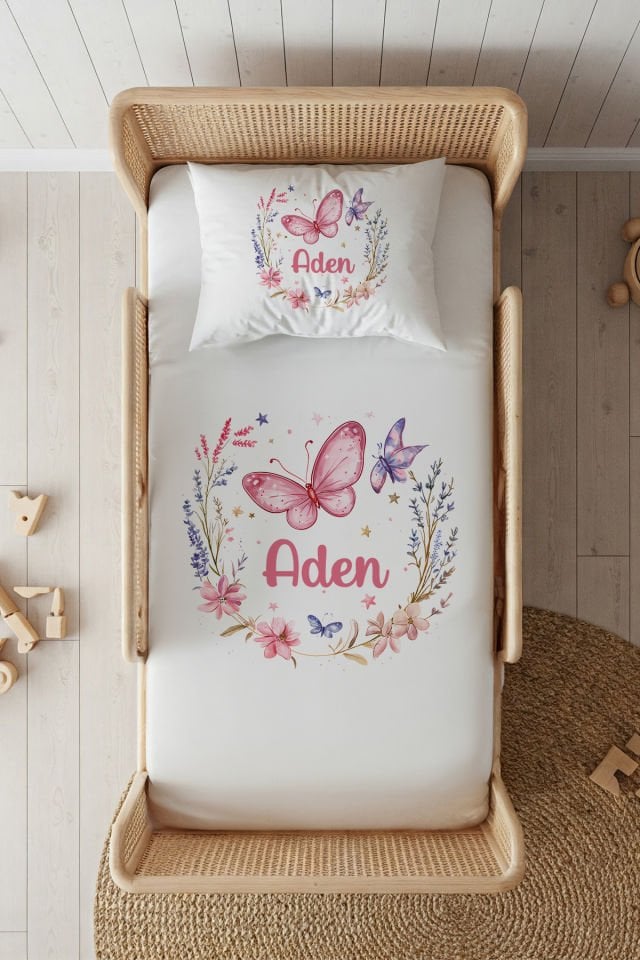 %100 Pamuk Saten İsme Özel 100x200 Tek Kişilik Lastikli Çarşaf Seti Pembe Kelebek