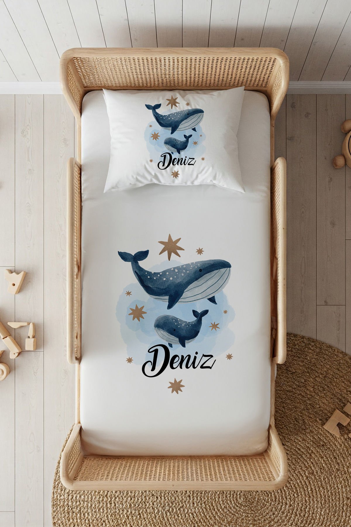 %100 Pamuk Saten İsme Özel 100x200 Tek Kişilik Lastikli Çarşaf Seti Balina