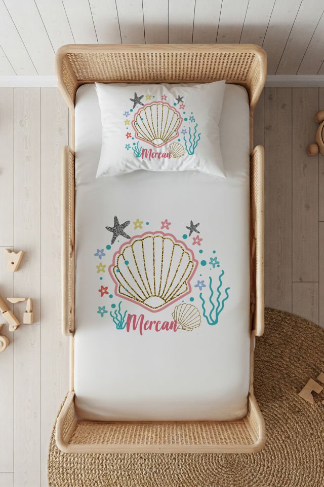 %100 Pamuk Saten İsme Özel 100x200 Tek Kişilik Lastikli Çarşaf Seti Denizkabuğu