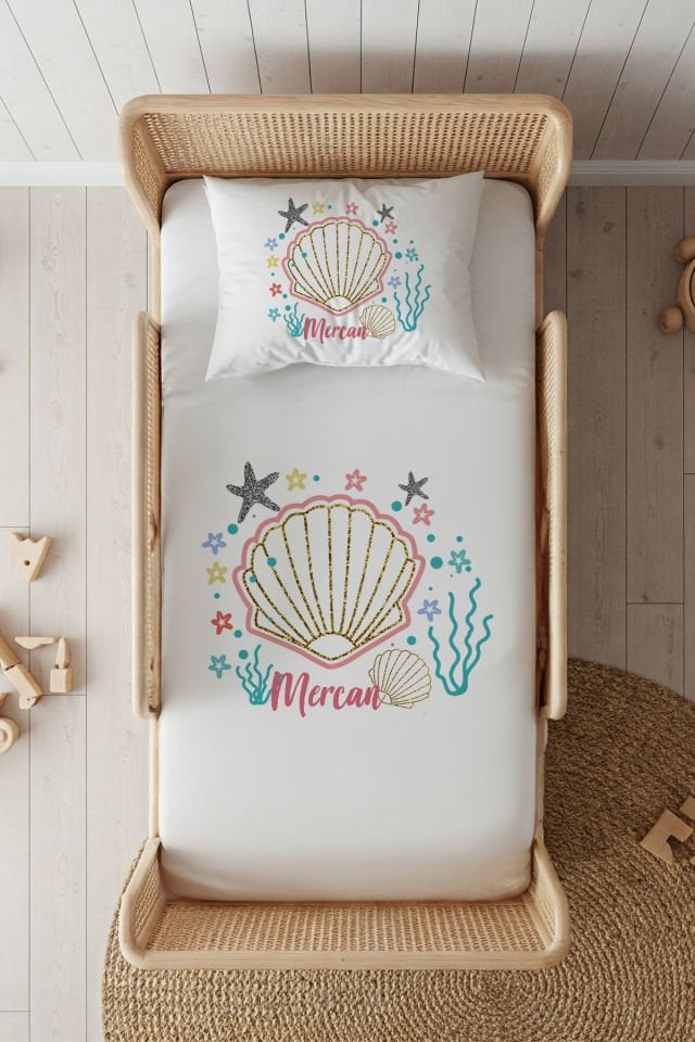 %100 Pamuk Saten İsme Özel 100x200 Tek Kişilik Lastikli Çarşaf Seti Denizkabuğu