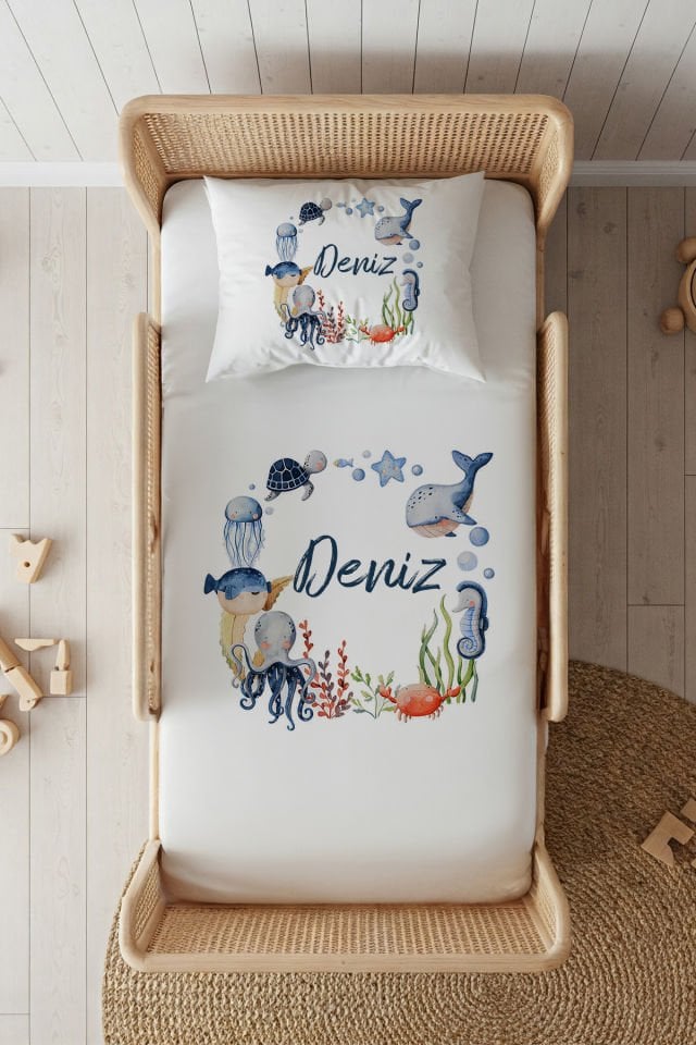 %100 Pamuk Saten İsme Özel 100x200 Tek Kişilik Lastikli Çarşaf Seti Deniz Canlıları