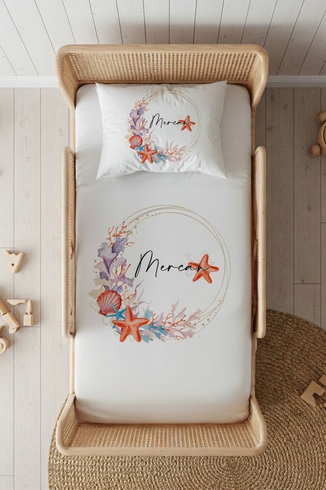 %100 Pamuk Saten İsme Özel 100x200 Tek Kişilik Lastikli Çarşaf Seti Turuncu Denizyıldızı