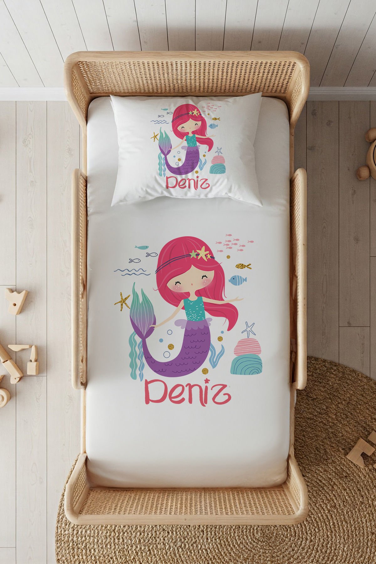 %100 Pamuk Saten İsme Özel 100x200 Tek Kişilik Lastikli Çarşaf Seti Denizkızı