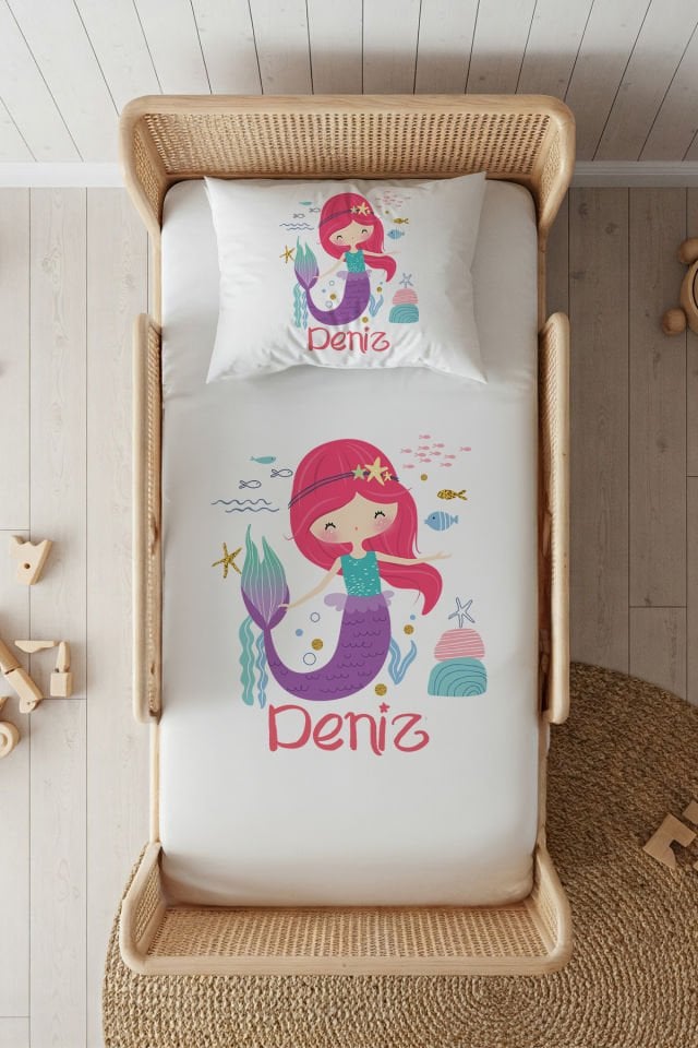 %100 Pamuk Saten İsme Özel 100x200 Tek Kişilik Lastikli Çarşaf Seti Denizkızı