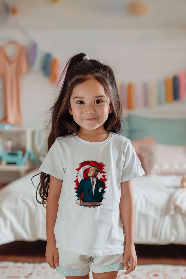 %100 Pamuk Kız Çocuk Atatürk Baskılı Kısa Kollu Tişört
