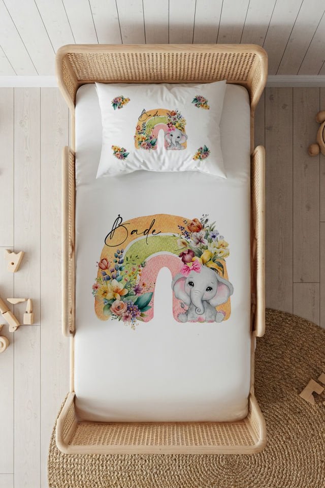 %100 Pamuk Saten İsme Özel 100x200 Tek Kişilik Lastikli Çarşaf Seti Gökkuşağı Fil