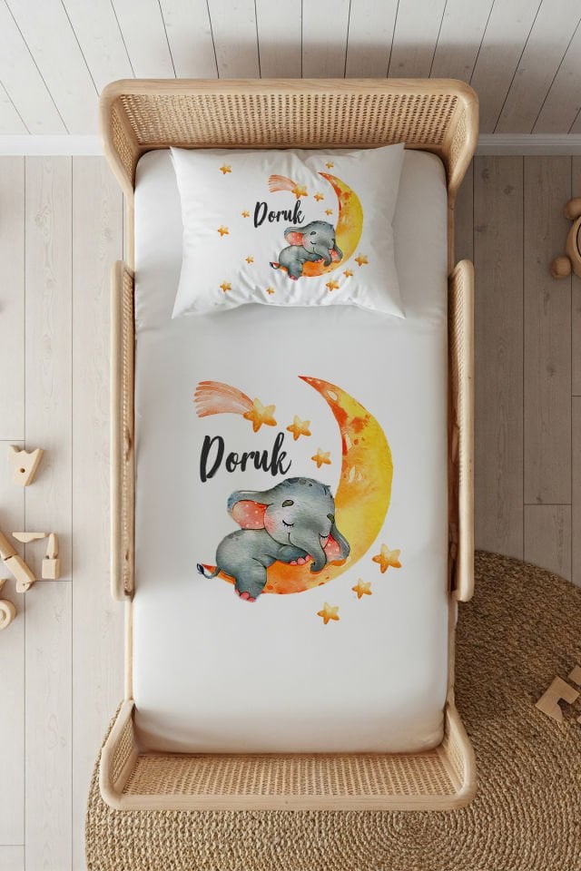 %100 Pamuk Saten İsme Özel 100x200 Tek Kişilik Lastikli Çarşaf Seti Uykucu Fil