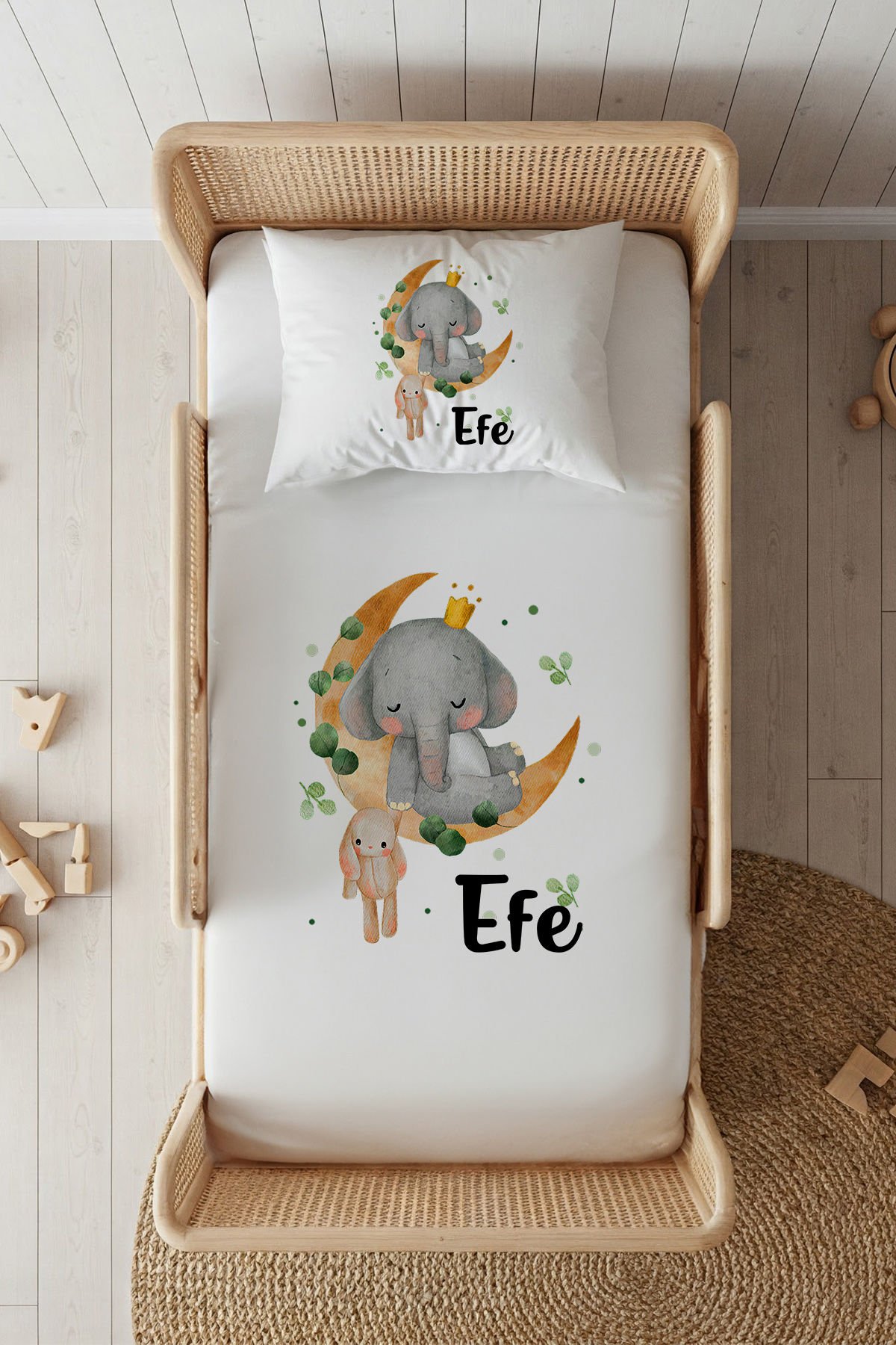 %100 Pamuk Saten İsme Özel 100x200 Tek Kişilik Lastikli Çarşaf Seti Uykucu Fil