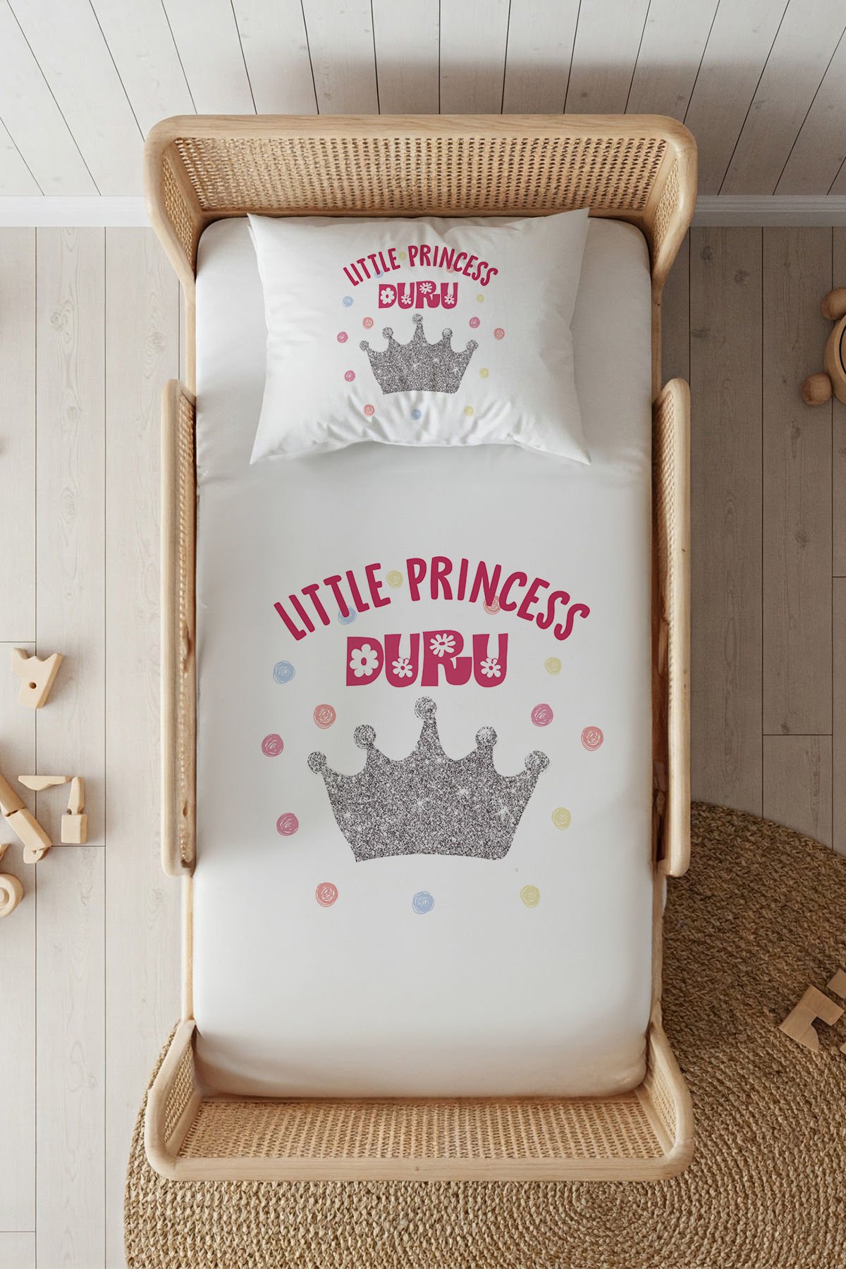 %100 Pamuk Saten İsme Özel 100x200 Tek Kişilik Lastikli Çarşaf Seti Prenses