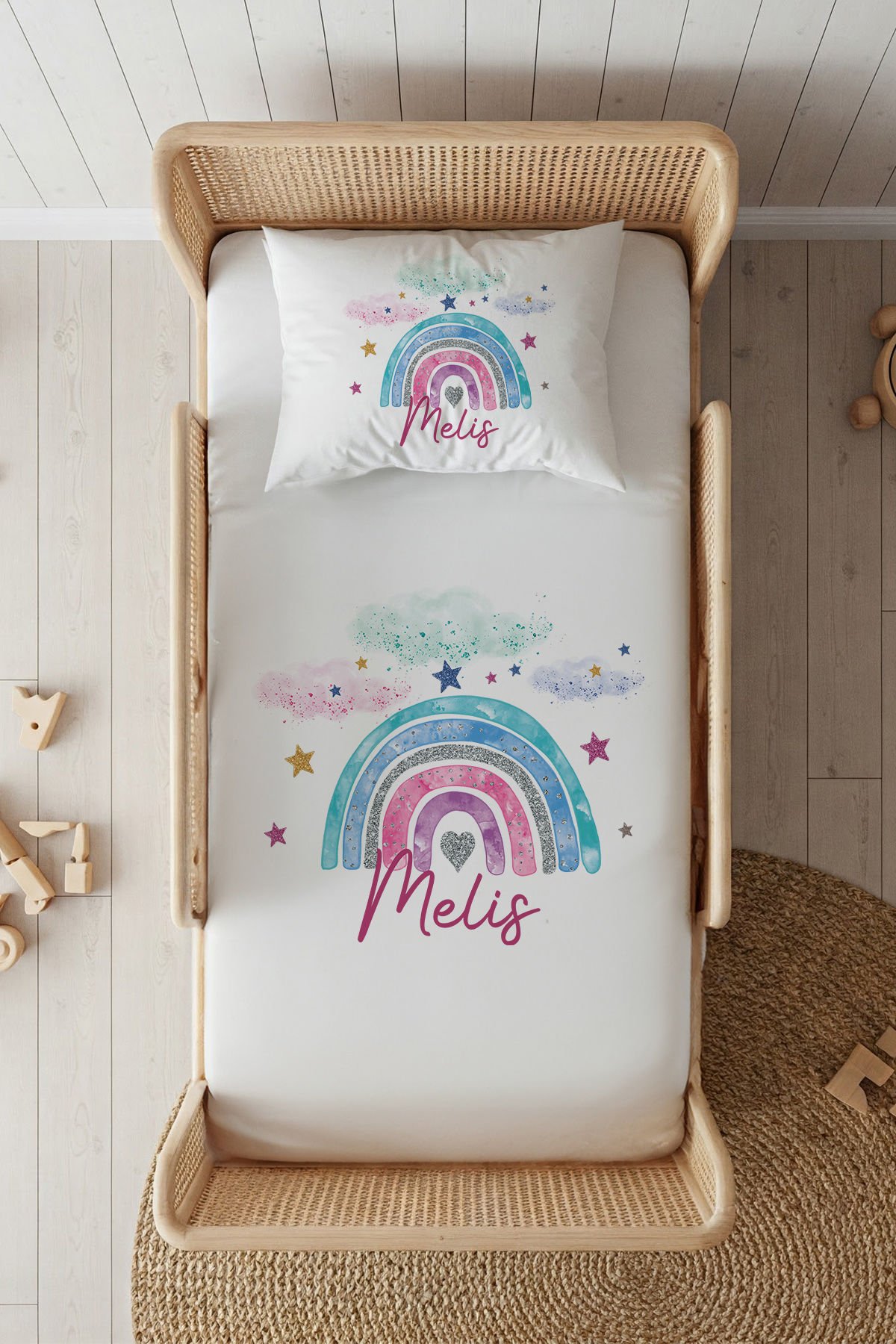 %100 Pamuk Saten İsme Özel 100x200 Tek Kişilik Lastikli Çarşaf Seti Gökkuşağı