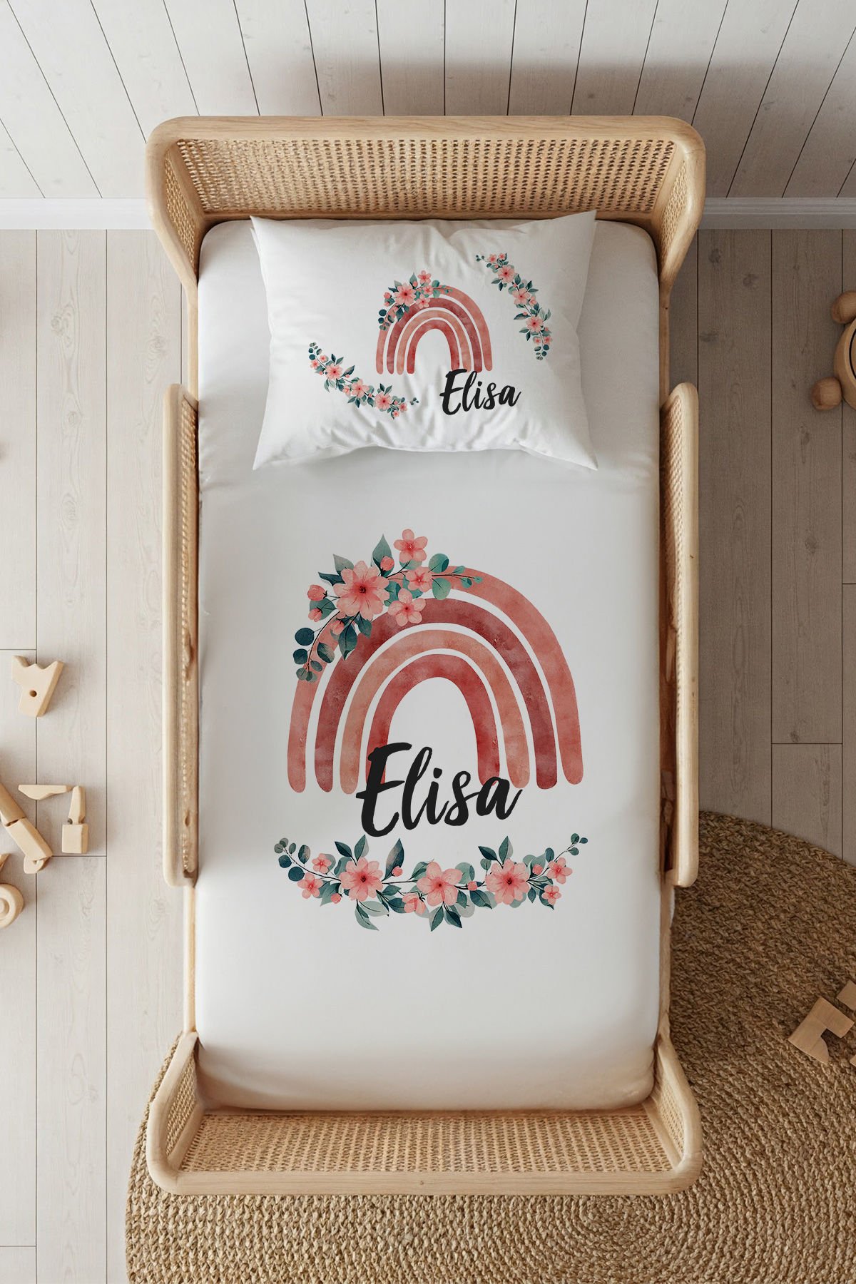 %100 Pamuk Saten İsme Özel 100x200 Tek Kişilik Lastikli Çarşaf Seti Gökkuşağı Çiçek