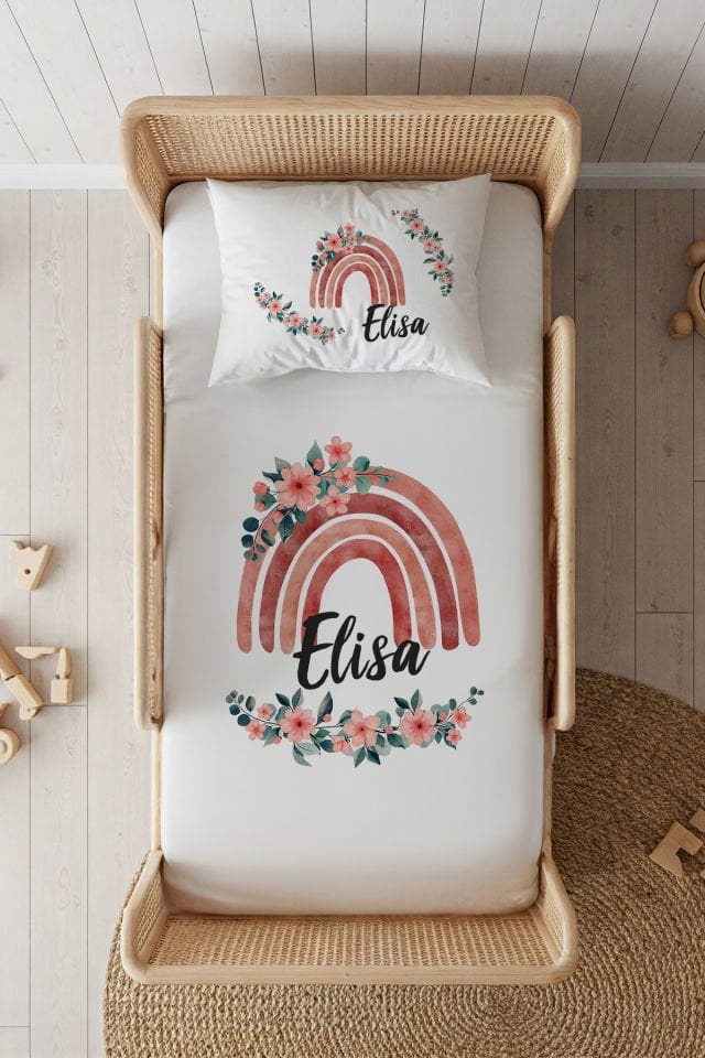 %100 Pamuk Saten İsme Özel 100x200 Tek Kişilik Lastikli Çarşaf Seti Gökkuşağı Çiçek