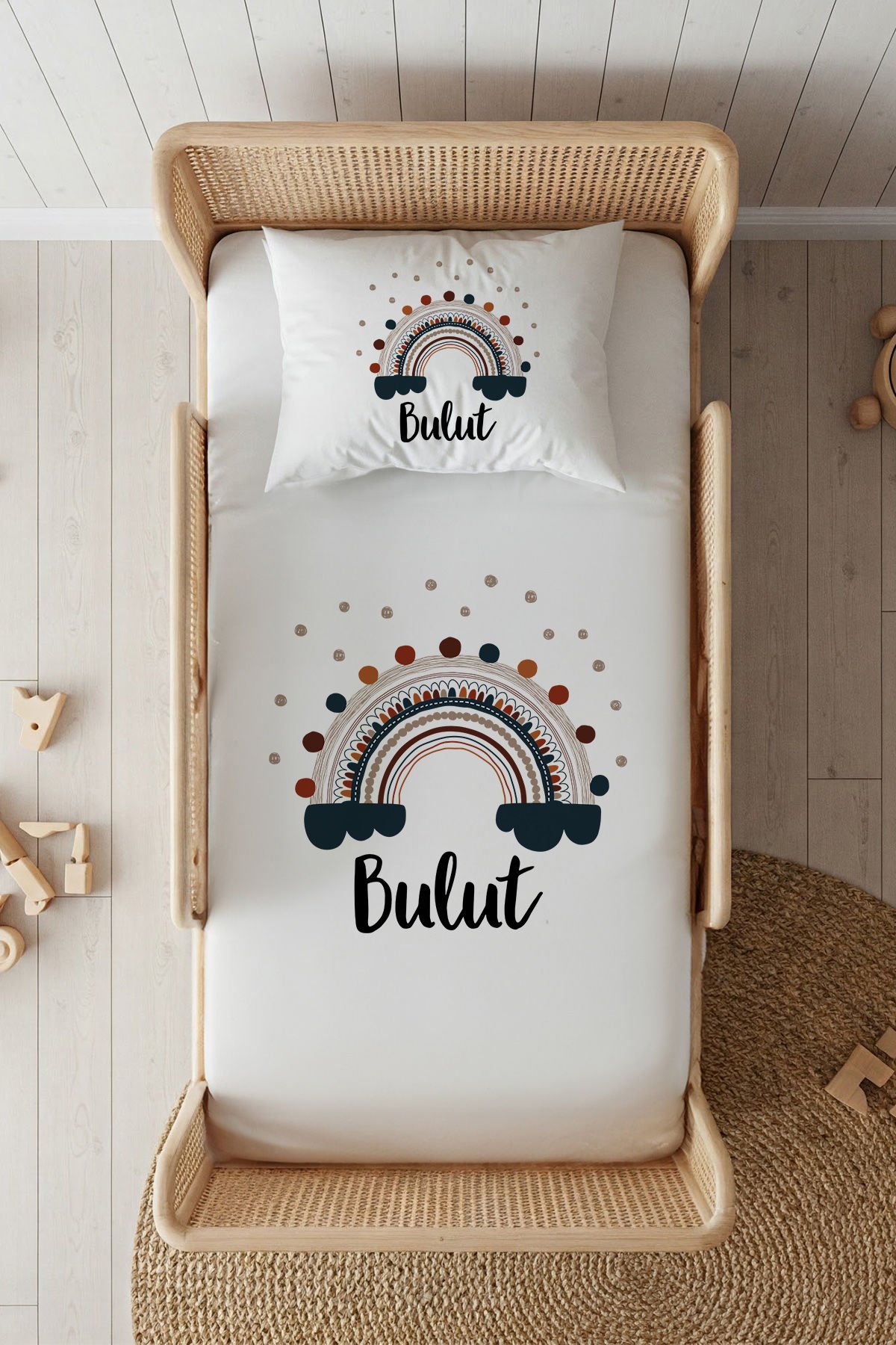 %100 Pamuk Saten İsme Özel 100x200 Tek Kişilik Lastikli Çarşaf Seti Gökkuşağı