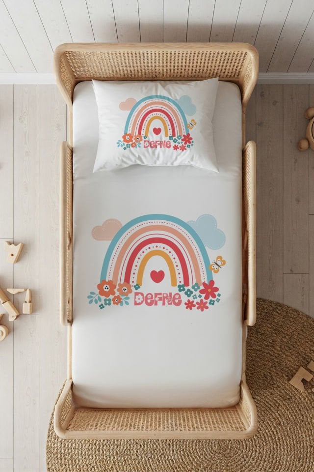 %100 Pamuk Saten İsme Özel 100x200 Tek Kişilik Lastikli Çarşaf Seti Çiçekli Gökkuşağı