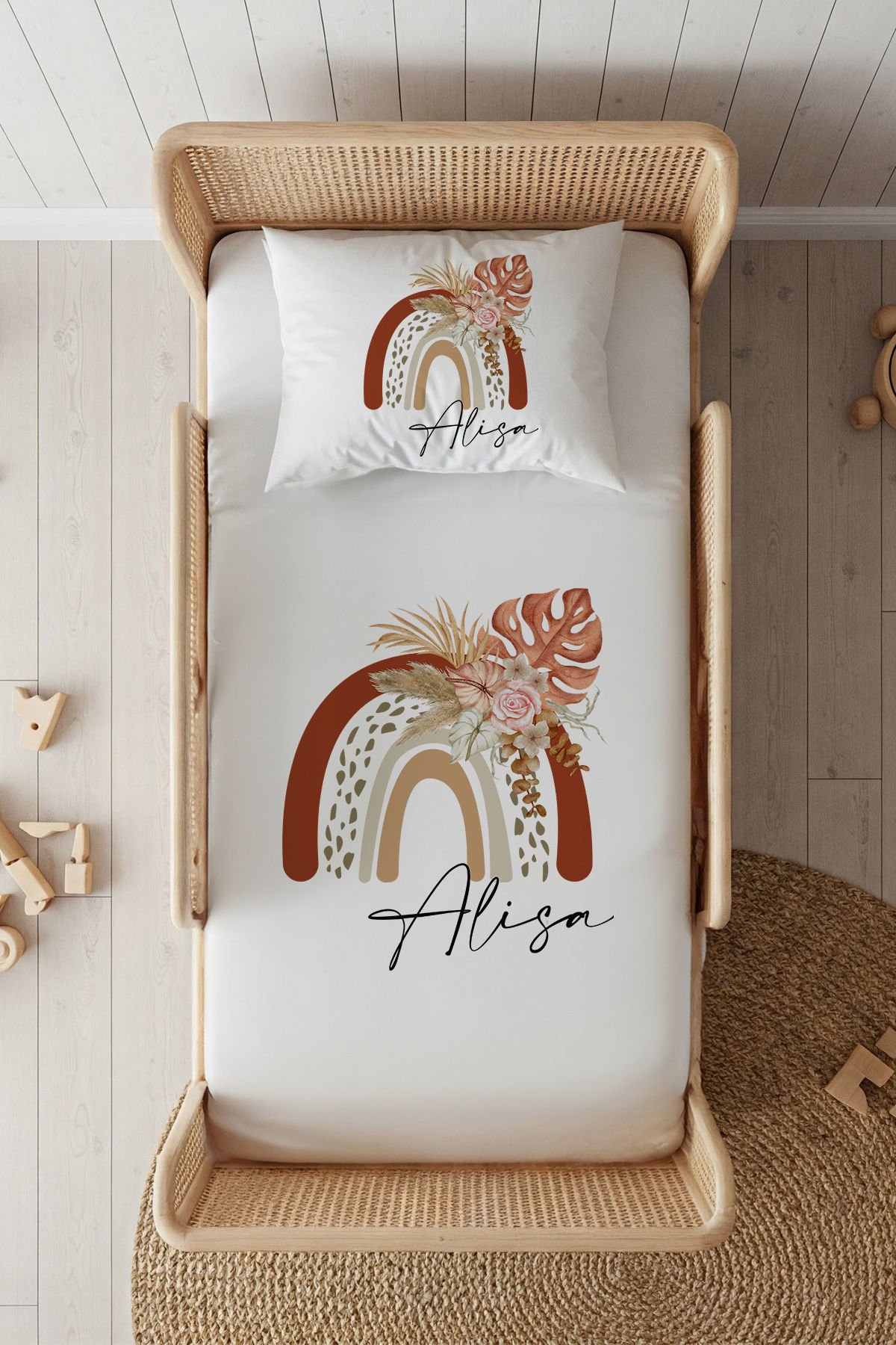 %100 Pamuk Saten İsme Özel 100x200 Tek Kişilik Lastikli Çarşaf Seti Kahverengi Gökkuşağı