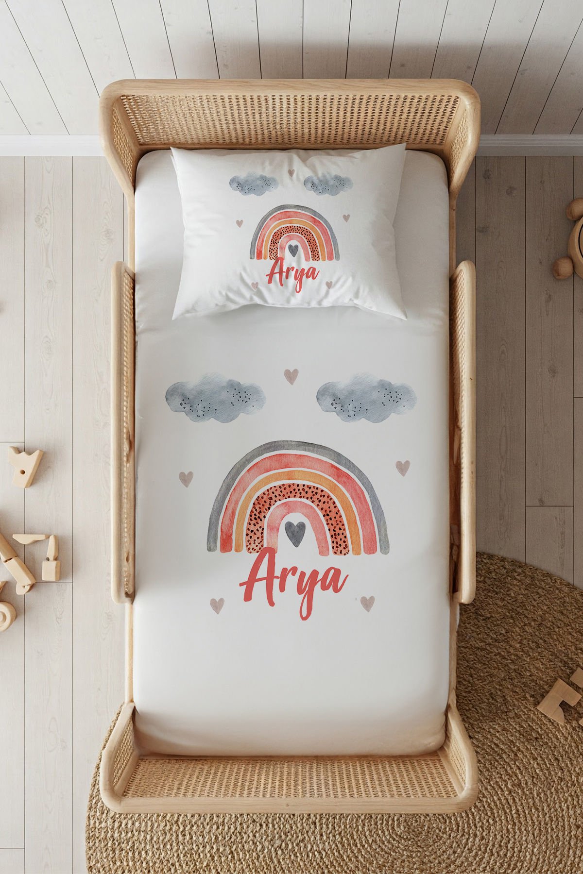 %100 Pamuk Saten İsme Özel 100x200 Tek Kişilik Lastikli Çarşaf Seti Bulutlu Gökkuşağı