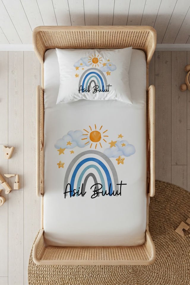 %100 Pamuk Saten İsme Özel 100x200 Tek Kişilik Lastikli Çarşaf Seti Mavi Gökkuşağı