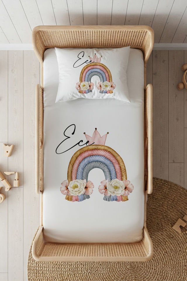 %100 Pamuk Saten İsme Özel 100x200 Tek Kişilik Lastikli Çarşaf Seti Çiçekli Gökkuşağı