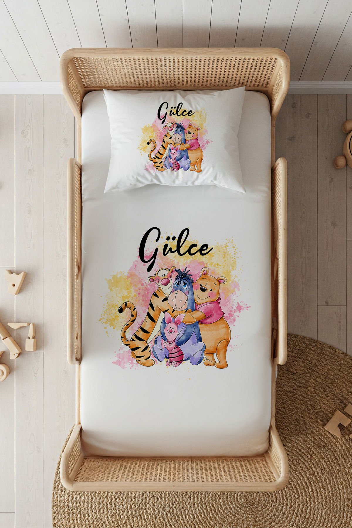 %100 Pamuk Saten İsme Özel 100x200 Tek Kişilik Lastikli Çarşaf Seti Winnie the Pooh