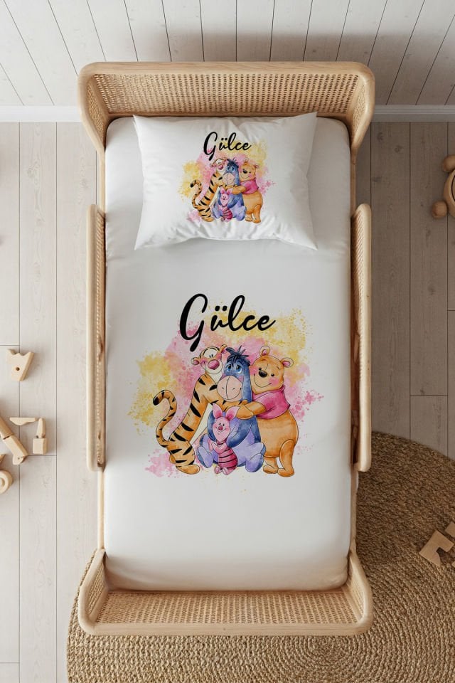 %100 Pamuk Saten İsme Özel 100x200 Tek Kişilik Lastikli Çarşaf Seti Winnie the Pooh