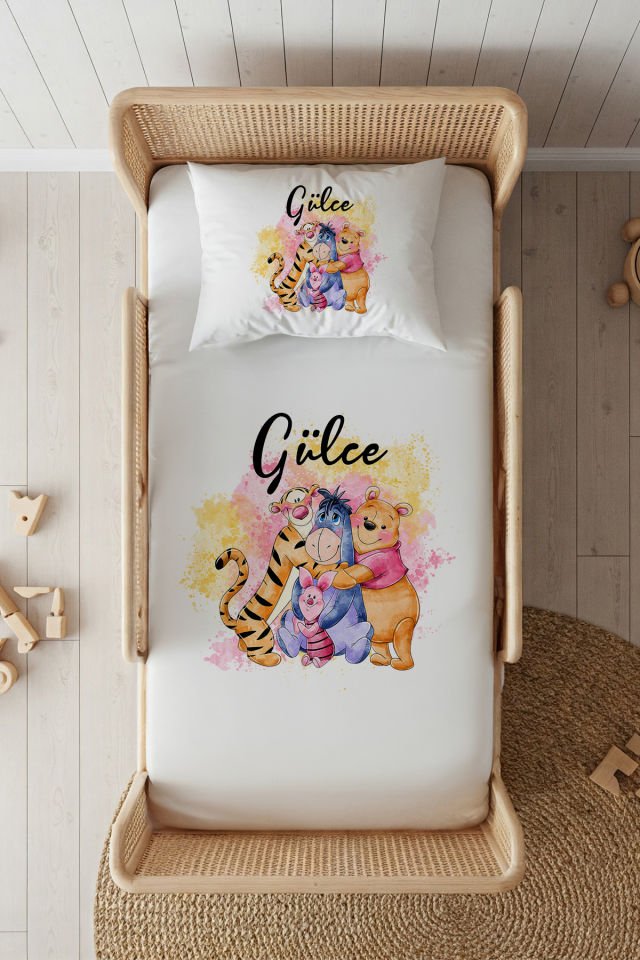 %100 Pamuk Saten İsme Özel 100x200 Tek Kişilik Lastikli Çarşaf Seti Winnie the Pooh