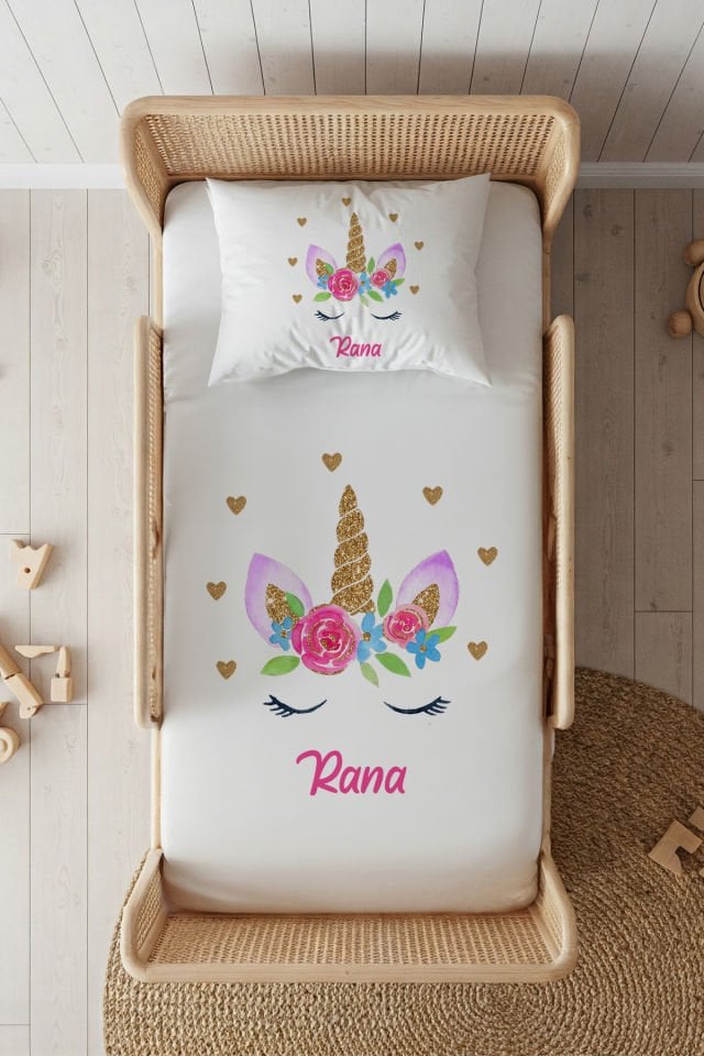 %100 Pamuk Saten İsme Özel 100x200 Tek Kişilik Lastikli Çarşaf Seti Unicorn