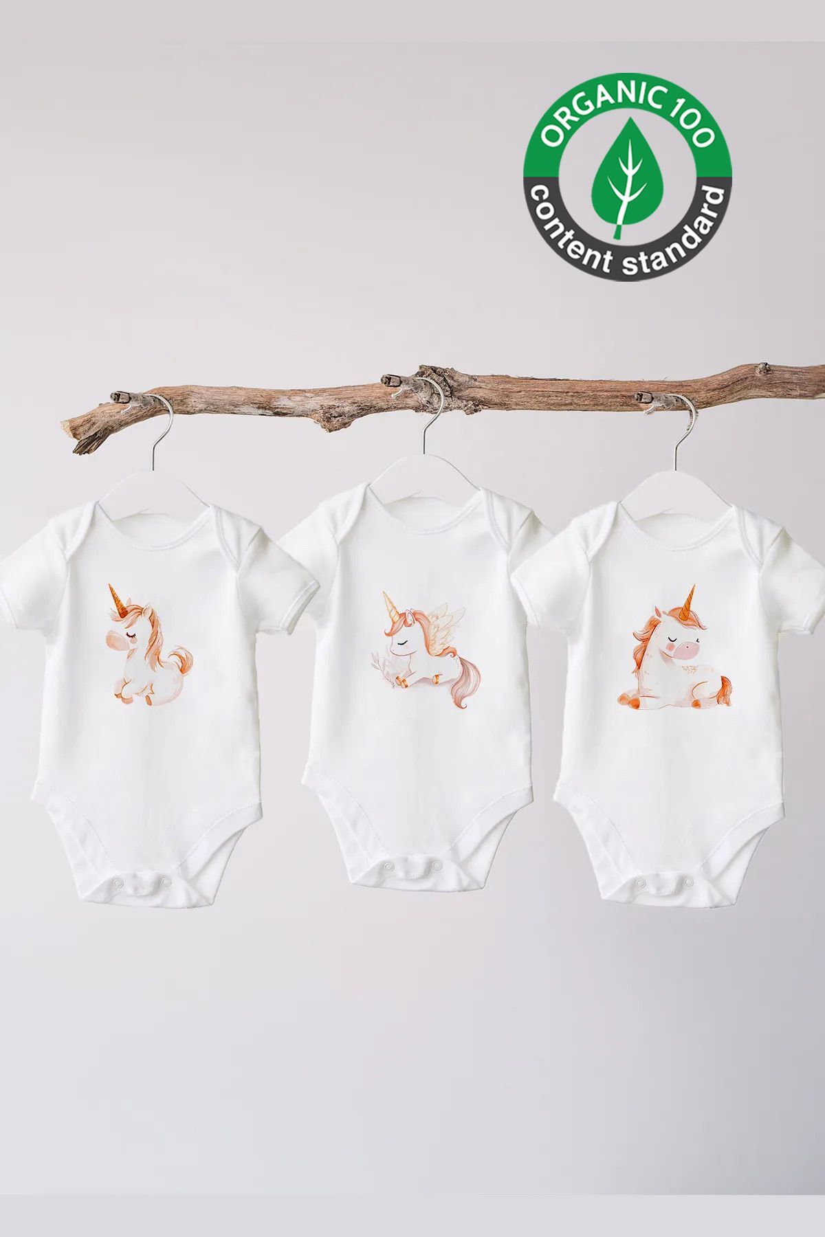%100 Organik Pamuk 3lü Baskılı Kısa Kollu Bebek Body Unicorn 6-9 AY - Beyaz