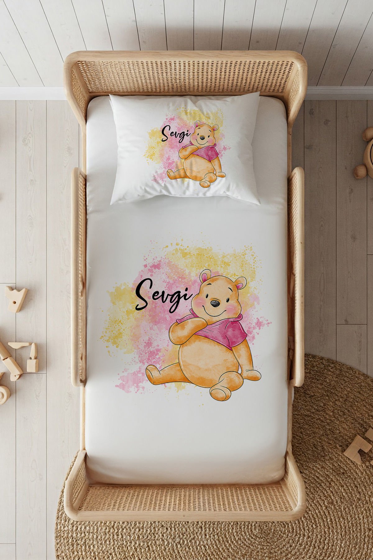 %100 Pamuk Saten İsme Özel 100x200 Tek Kişilik Lastikli Çarşaf Seti Winnie