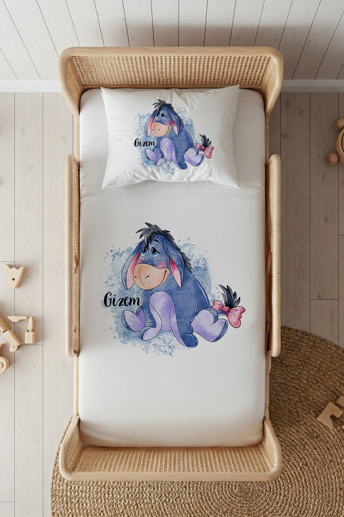 %100 Pamuk Saten İsme Özel 100x200 Tek Kişilik Lastikli Çarşaf Seti Eeyore
