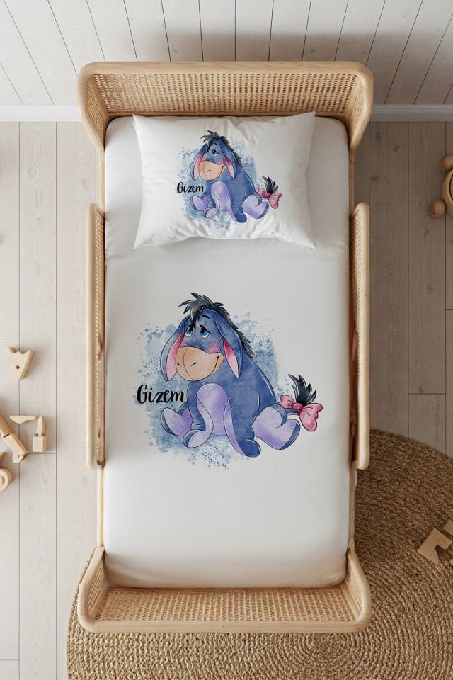 %100 Pamuk Saten İsme Özel 100x200 Tek Kişilik Lastikli Çarşaf Seti Eeyore