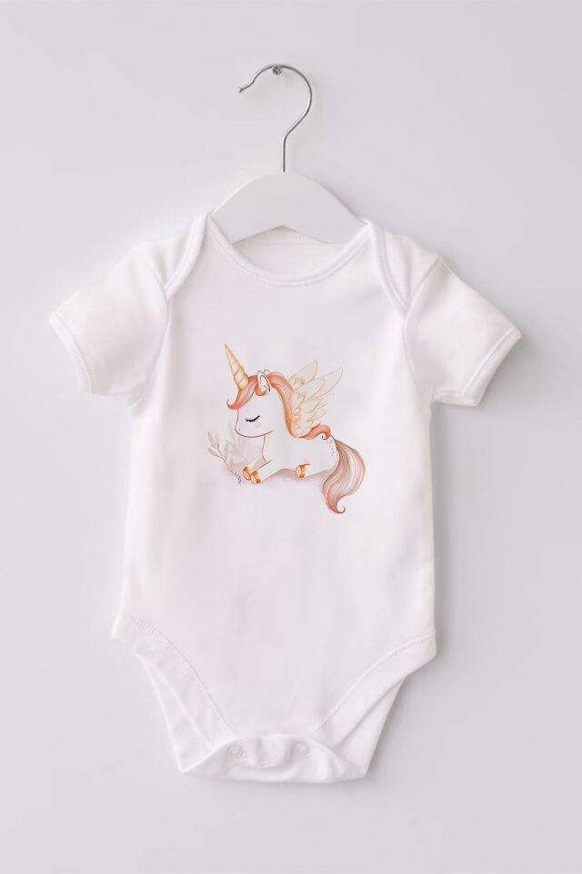 %100 Organik Pamuk 3lü Baskılı Kısa Kollu Bebek Body Unicorn 0-3 AY - Beyaz