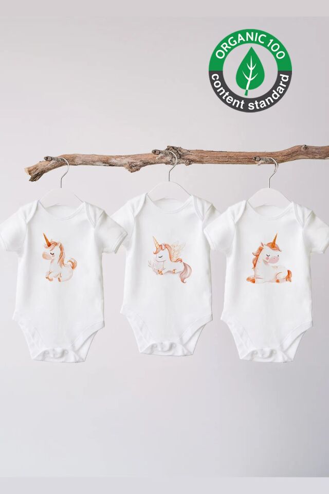 %100 Organik Pamuk 3lü Baskılı Kısa Kollu Bebek Body Unicorn 0-3 AY - Beyaz