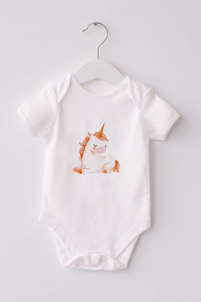 %100 Organik Pamuk 3lü Baskılı Kısa Kollu Bebek Body Unicorn 0-3 AY - Beyaz