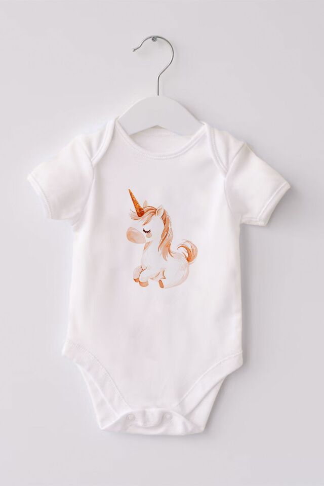 %100 Organik Pamuk 3lü Baskılı Kısa Kollu Bebek Body Unicorn 3-6 AY - Beyaz